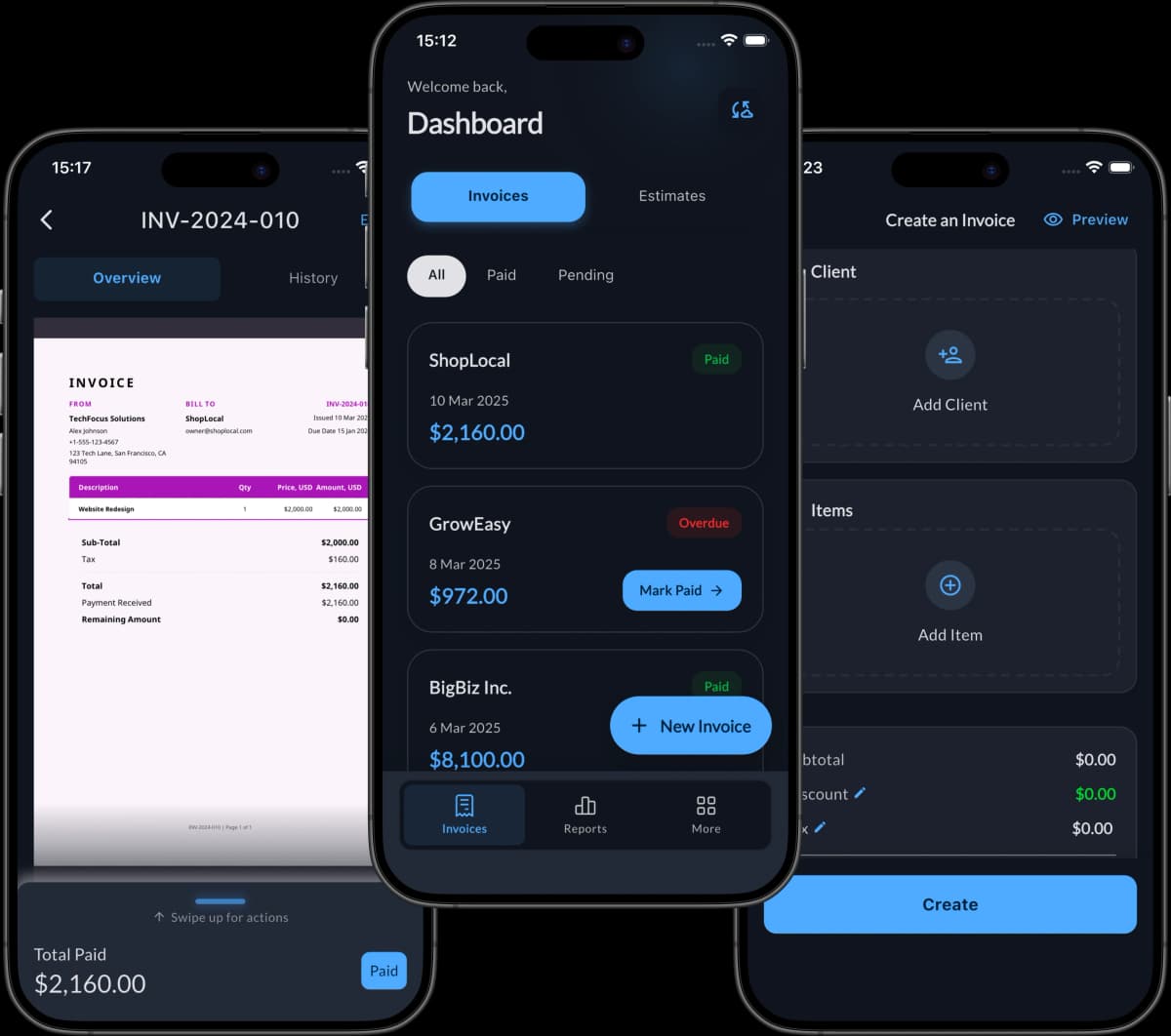 Invoice Maker app showing a professional PDF invoice preview with client details and line items on an iPhone